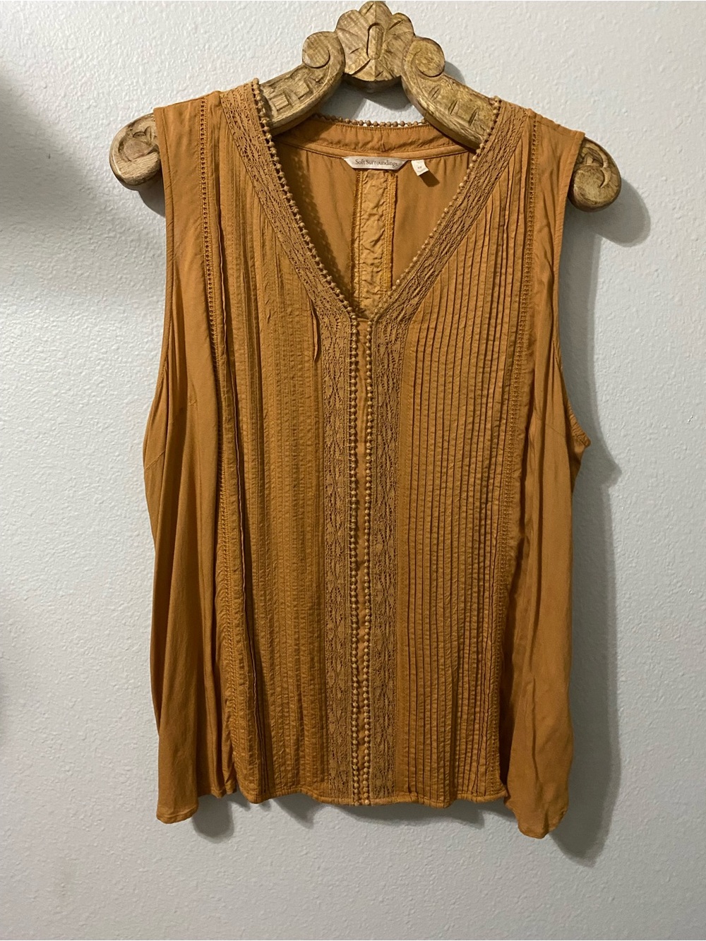 Soft Surroundings Sleeveless Pintuck V-Neck Top in a rusty mustard color